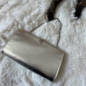 silver 1940s clutch purse with chain handle and rhinestone clasp